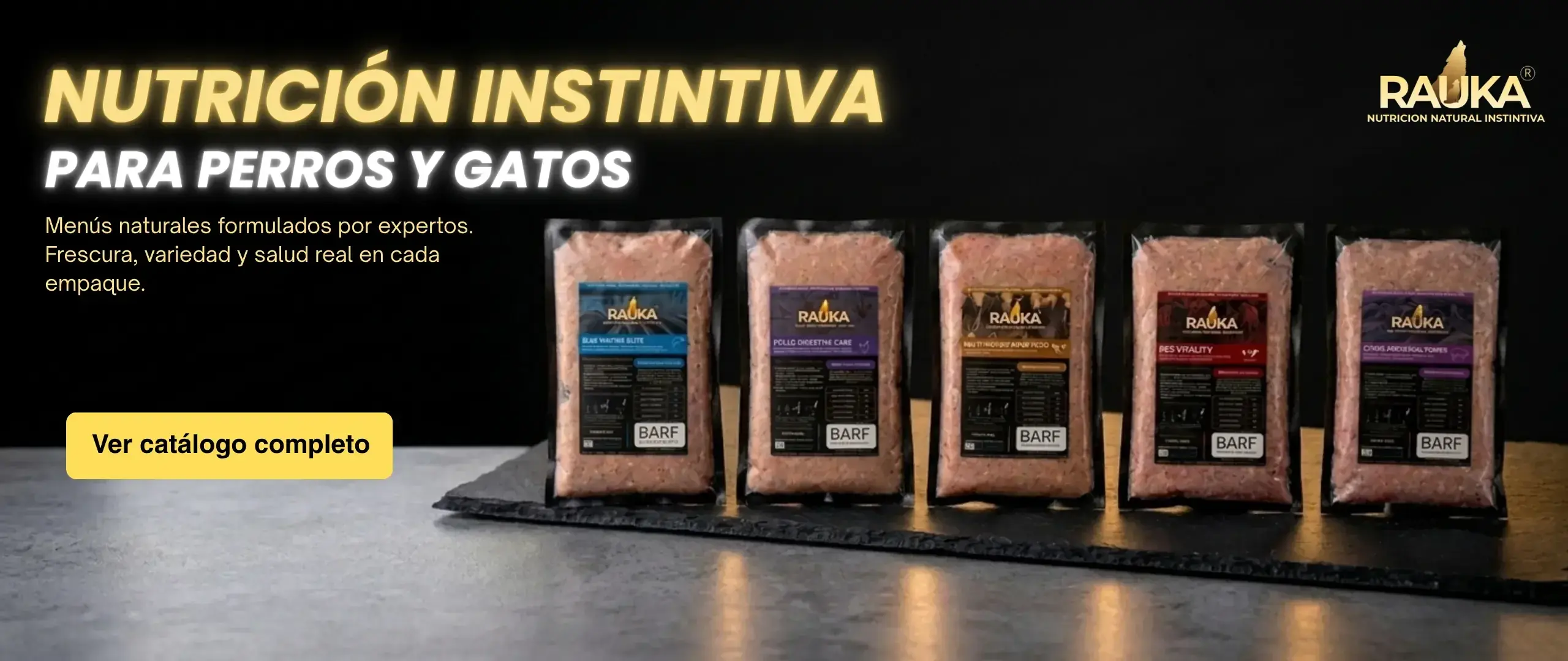 Menús de comida BARF natural formulados para perros y gatos RAUKA.